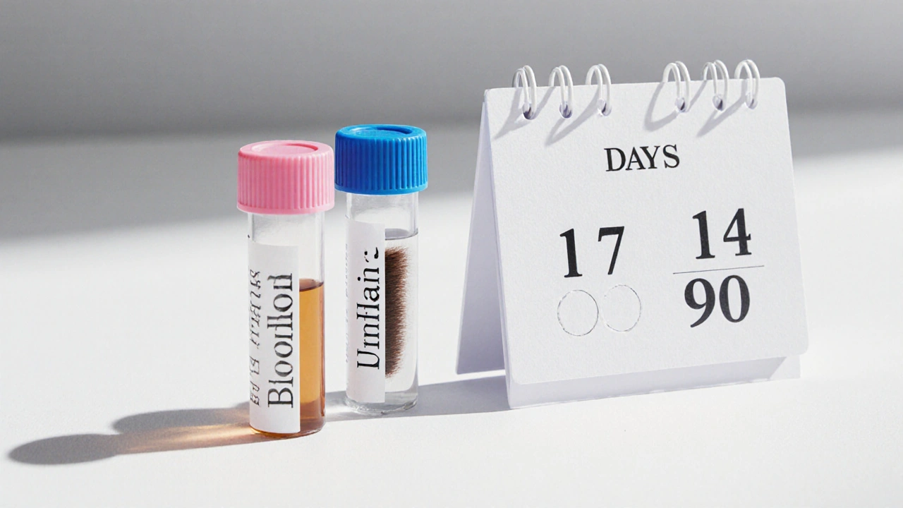 Tři laboratorní vzorky krve, moči a vlasu s kalendářem označujícím dny detoxikace.
