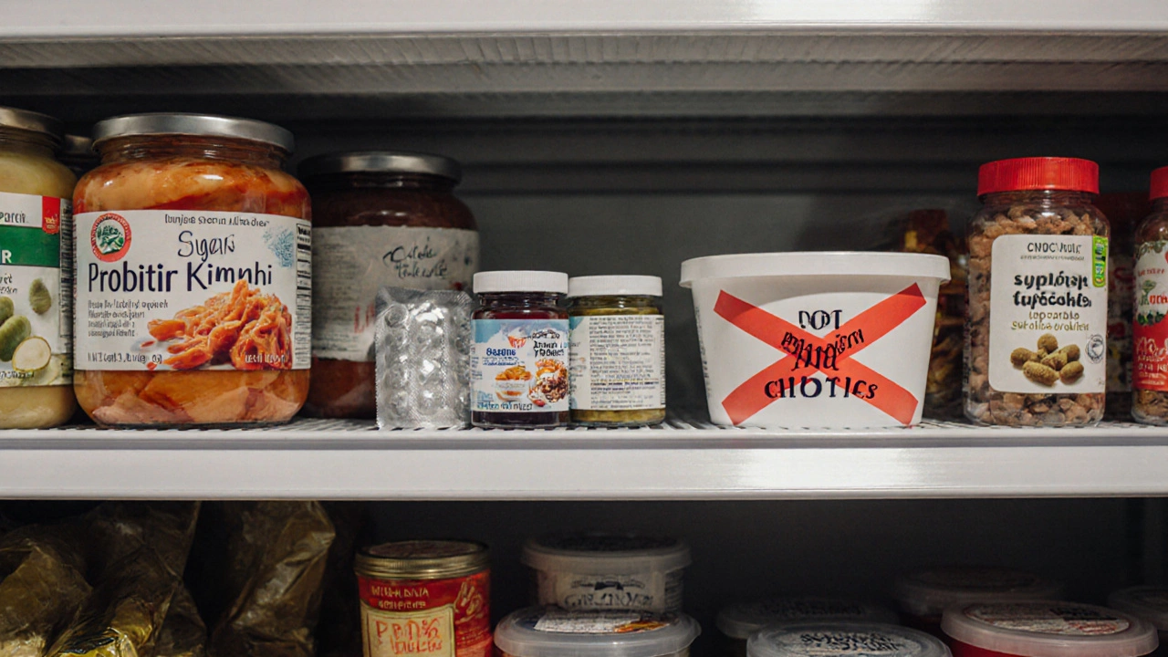 Tři regály s přirozenými probiotiky, doplňky a nevhodnými potravinami