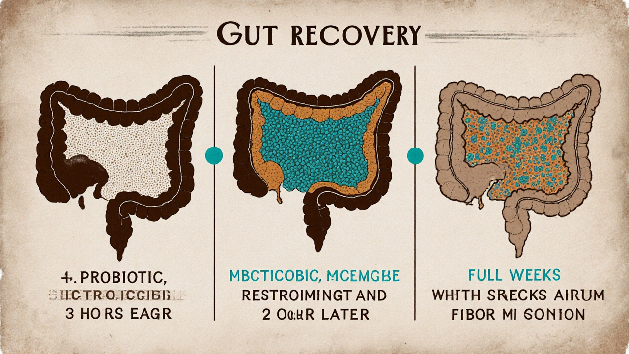 Vědecká ilustrace časové osy obnovy střevní mikrobioty po antibiotikách.