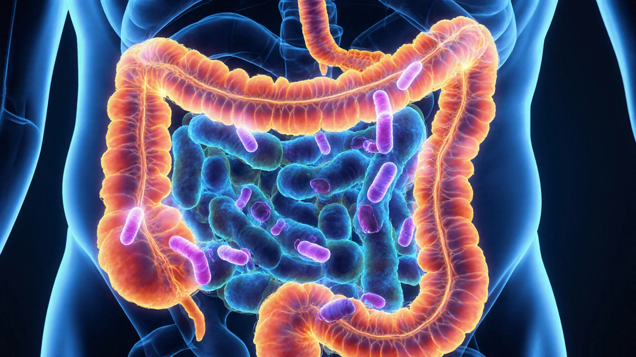 Vnitřek střeva s užitečnými bakteriemi obnovujícími rovnováhu po antibiotikách.