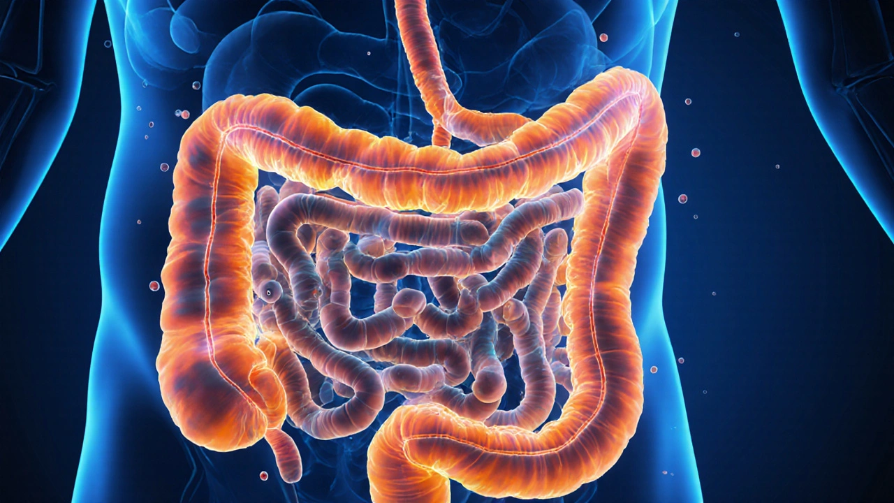 Vnitřní výřez střeva s osvětlenými prospěšnými bakteriemi udržujícími rovnováhu mikrobiomu.