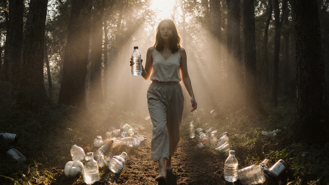 Žena chodí bosá lesem na ranním světle, drží skleněnou láhev, kolem ní zanikají plastové lahve.