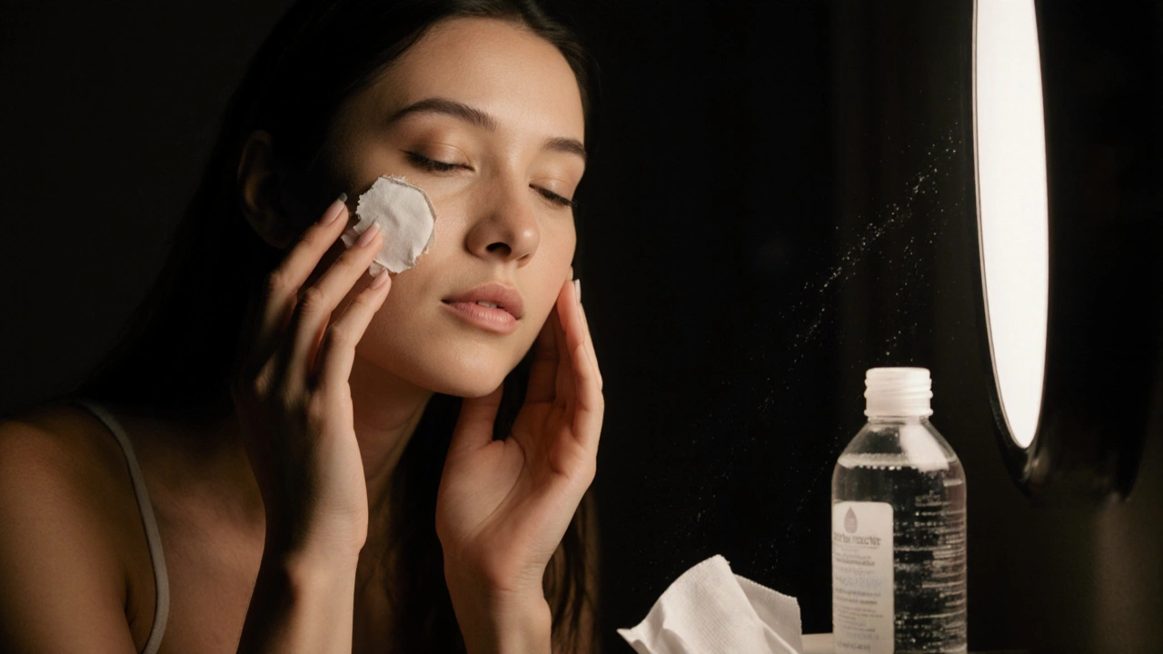 Žena čistí obličej večer, odstraňuje zbytky make-upu a znečištění.