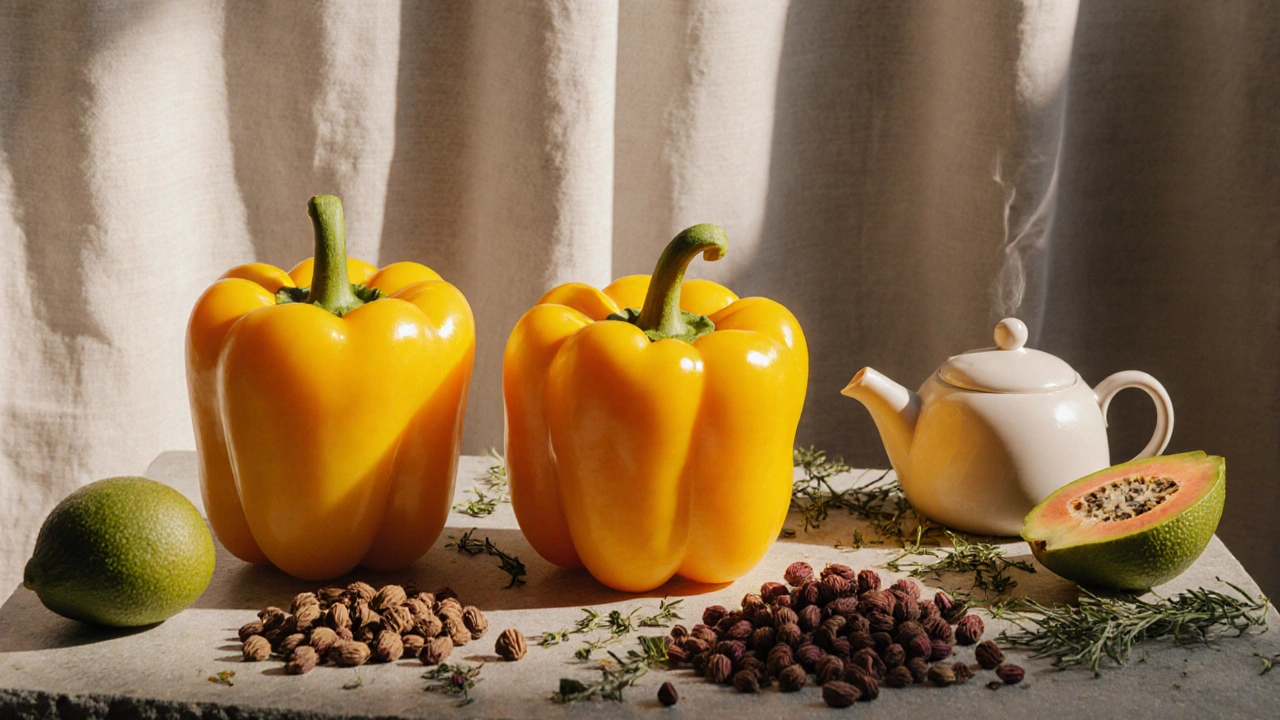 Žlutá paprika, sušené šípky a guava na kamenité desce.