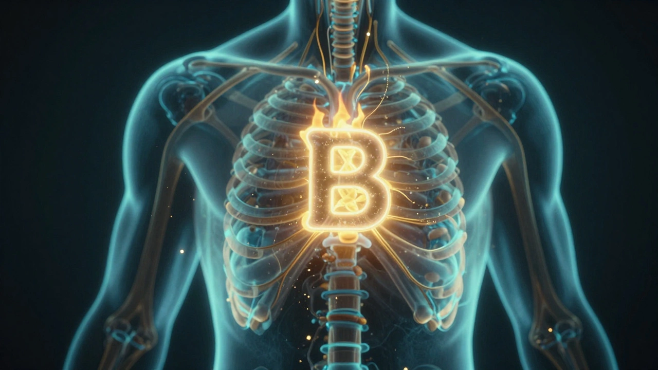 Abstraktní obrázek lidského těla s světelnými cestami znázorňujícími spalování tuků vitamíny B.