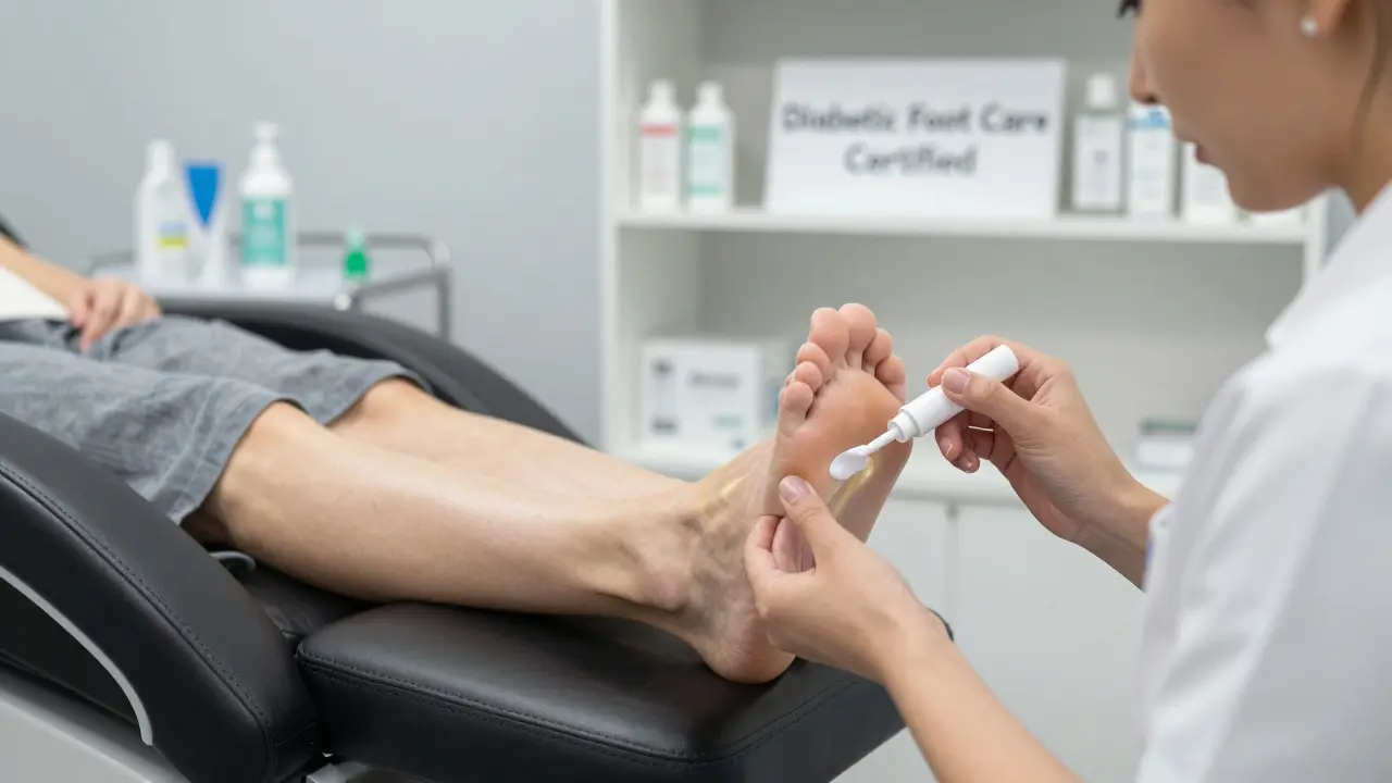 Diabetická žena obdrží bezpečnou pedikúru s léčivým lakem, symbolizující prevenci infekcí.