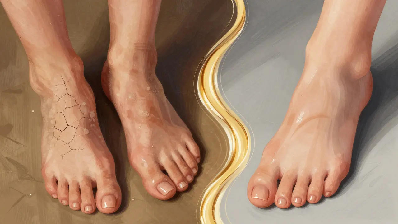 Dvě části obrázku: poškozené nohy vlevo a zdravé, lesklé nohy vpravo po léčebné péči.