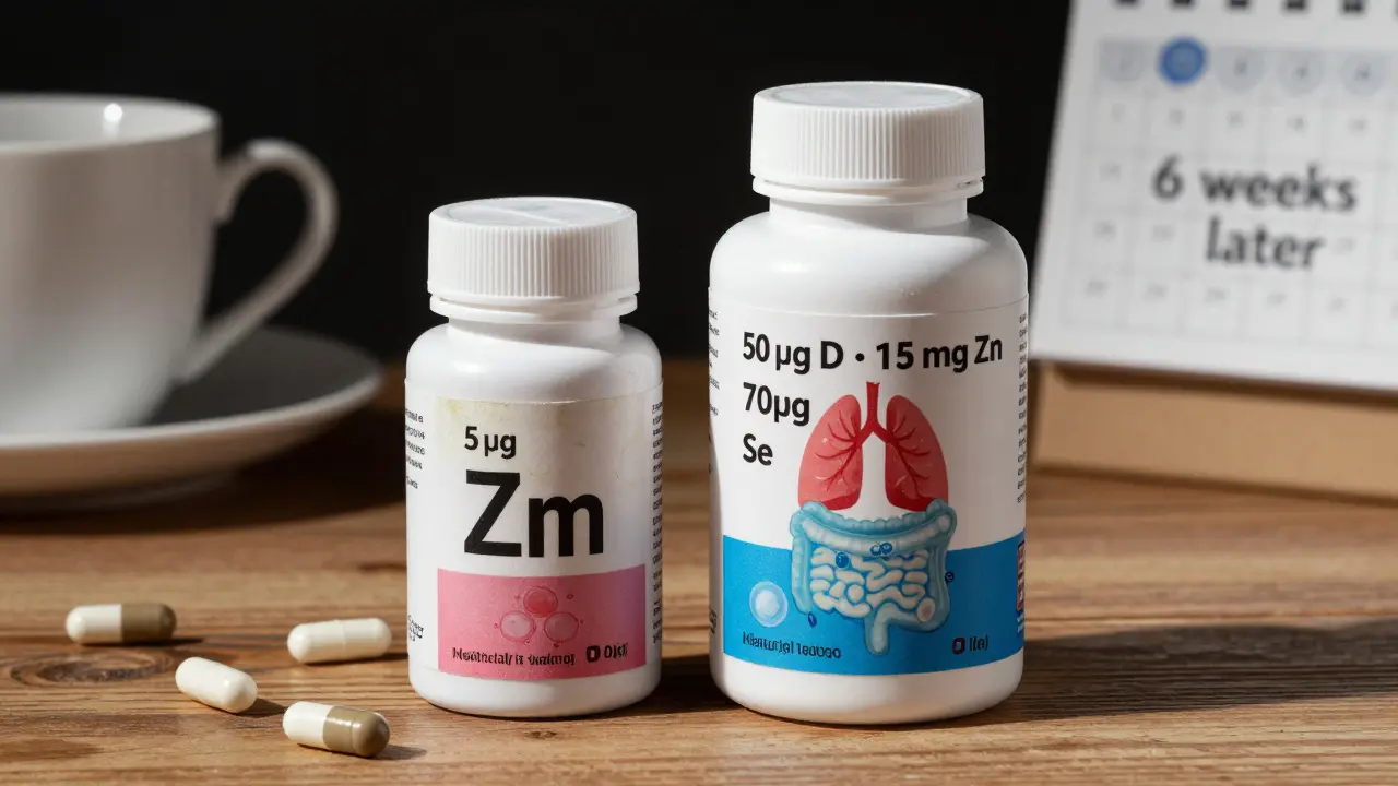 Dvě láhve vitamínů vedle sebe: levná s nízkými dávkami a kvalitní s vysokými dávkami vitamínu D, zinku a selenu.