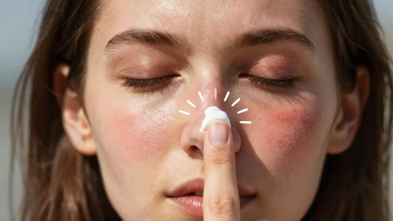 Dvě poloviny obličeje: zdravá a poškozená pokožka s aplikací SPF.