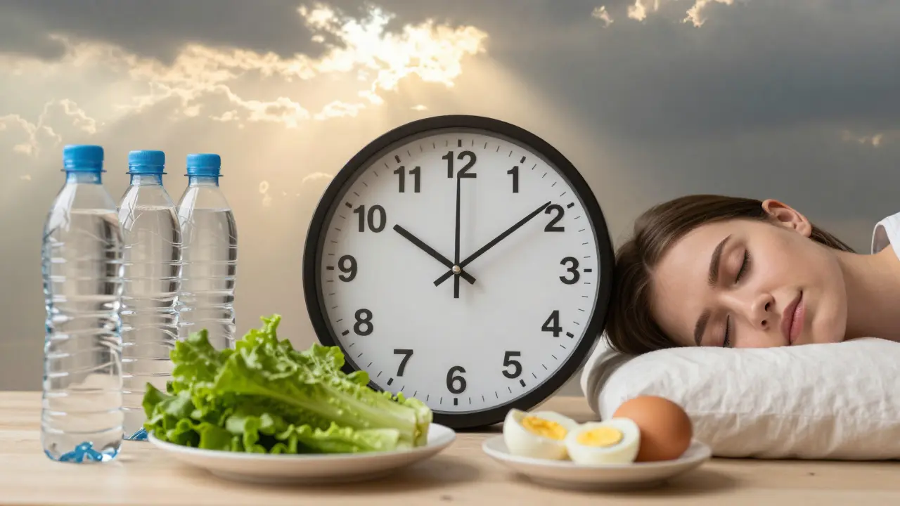 Hodiny ukazují 24 a 48 hodin, kolem nich voda, jídlo a odpočinek — symbol obnovy po alkoholu.