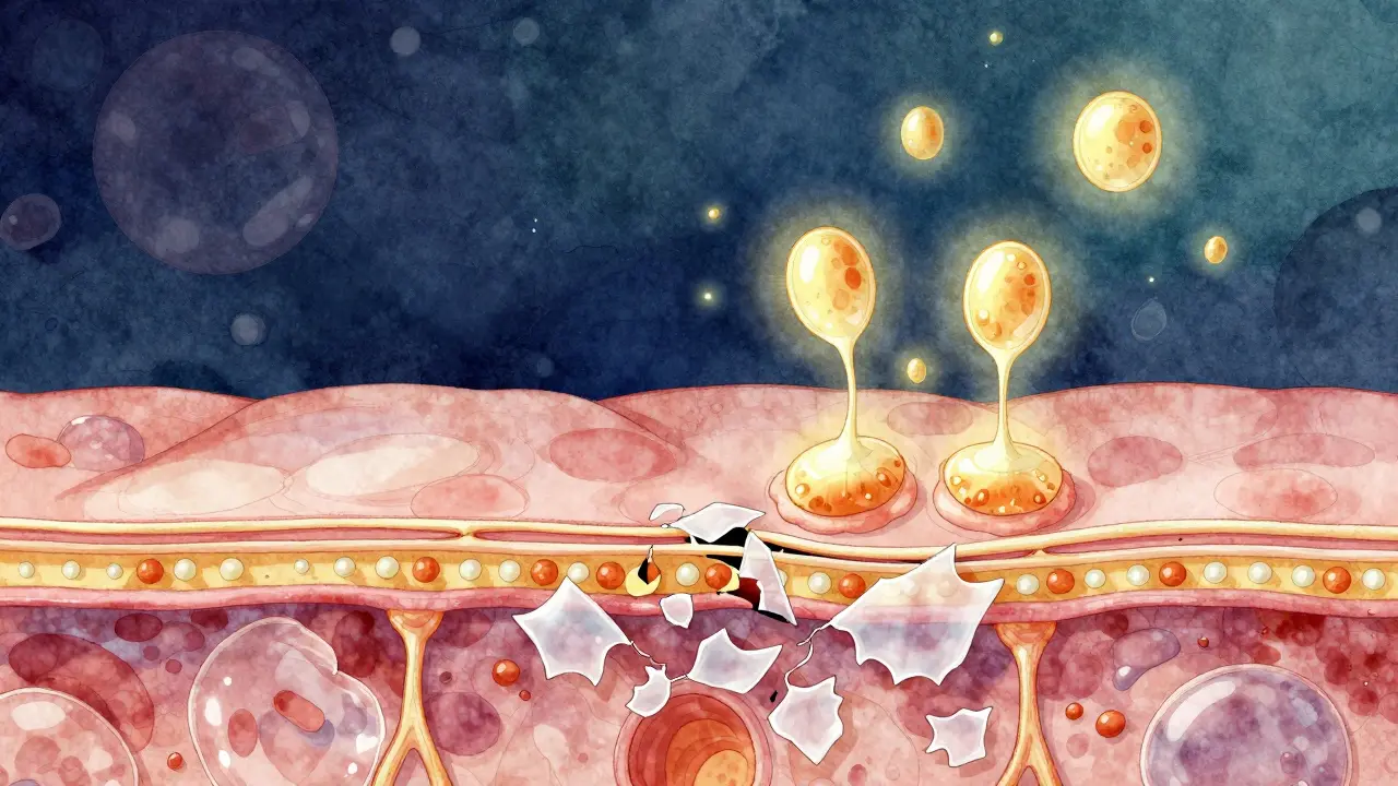 Ilustrace buněčného obnovování pokožky s kolagenem a odstraňováním poškozených buněk.