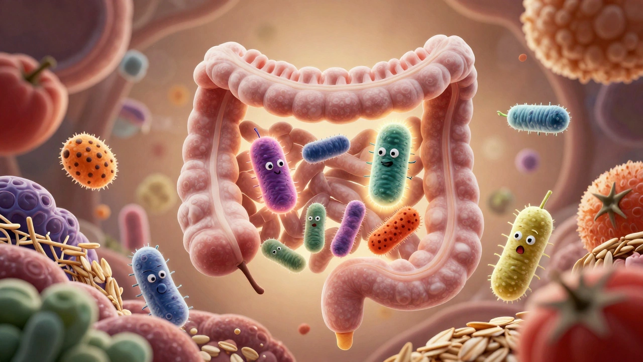 Ilustrace lidského střeva s jasně vykreslenými užitečnými bakteriemi a prebiotickými vlákninami.