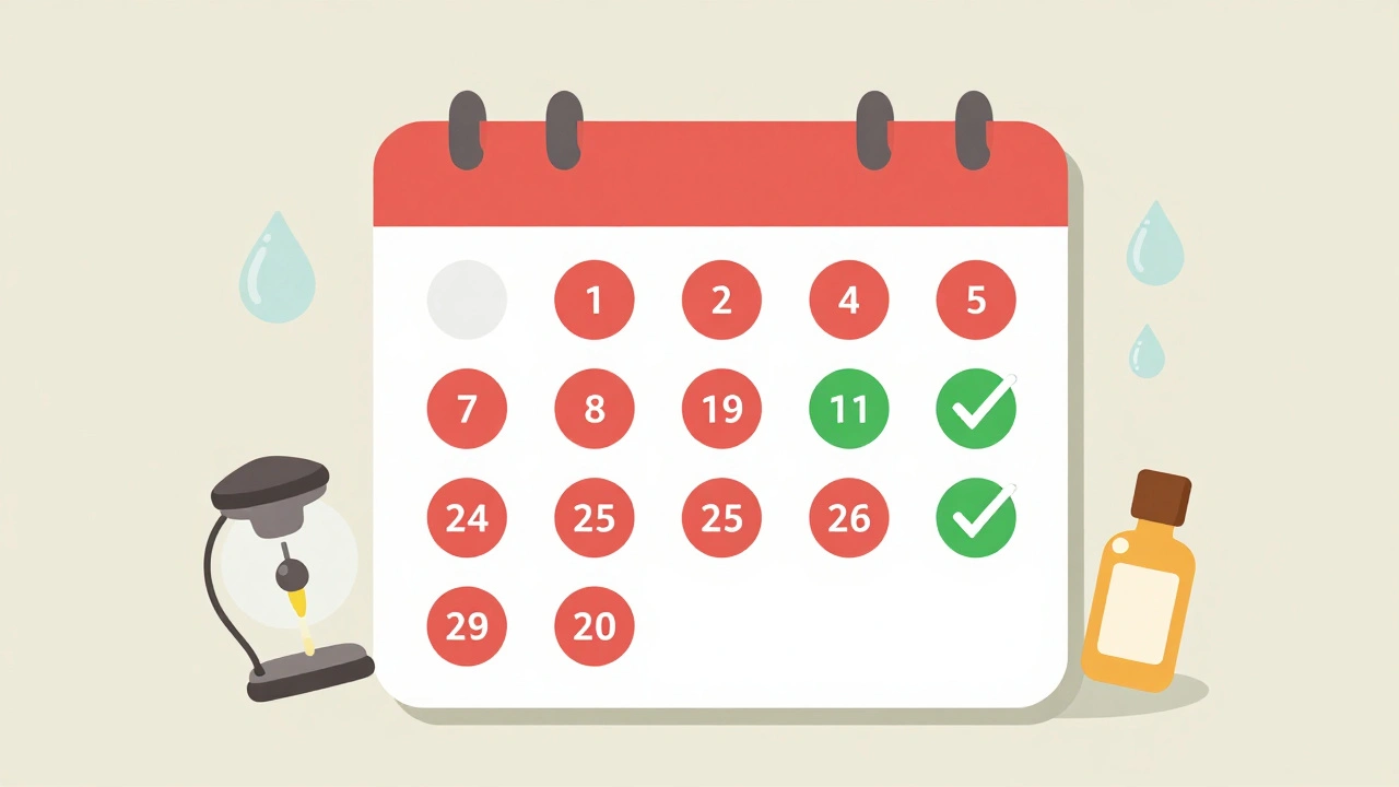 Kalendář s označenými ideálními a nevhodnými dny pro manikúru.