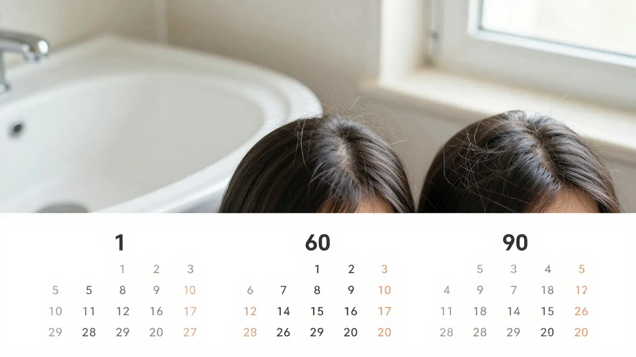 Kalendář ukazující postupnou obnovu hustoty vlasů během tří měsíců.