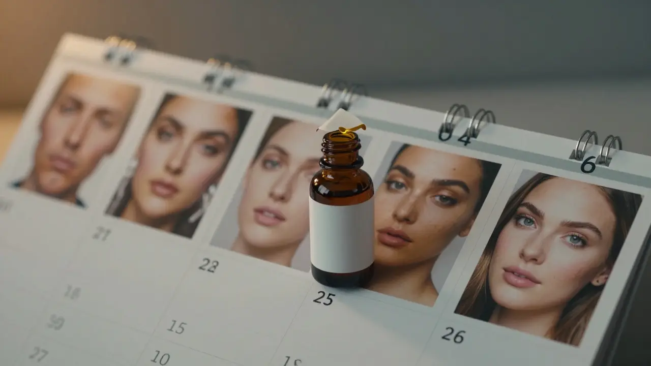 Kalendář ukazující přechod od podrážděné pokožky k zářivé, mladistvé pokožce po šesti měsících.