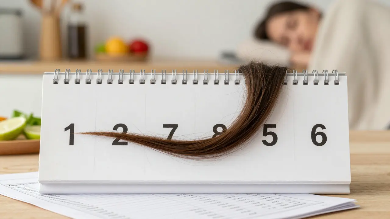 Kalendář ukazující růst vlasů během šesti měsíců s výsledky krevních testů.
