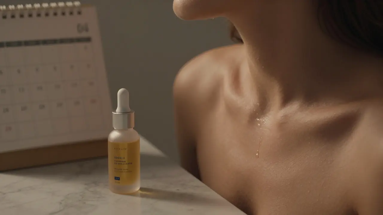 Kapka séra vstřebávaná do kůže na krku a dekoltu při večerním osvětlení.