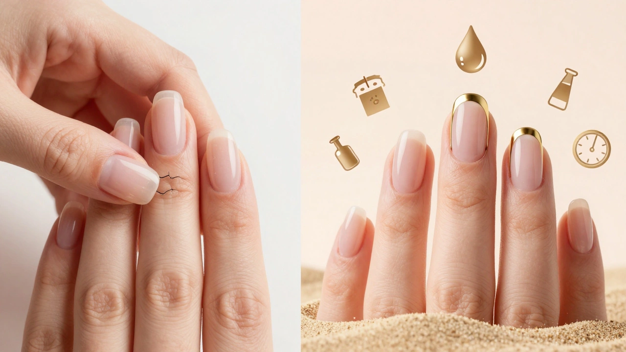Konceptuální obraz chráněných nehtů s odlišným stavem přirozených a umělých nehtů.