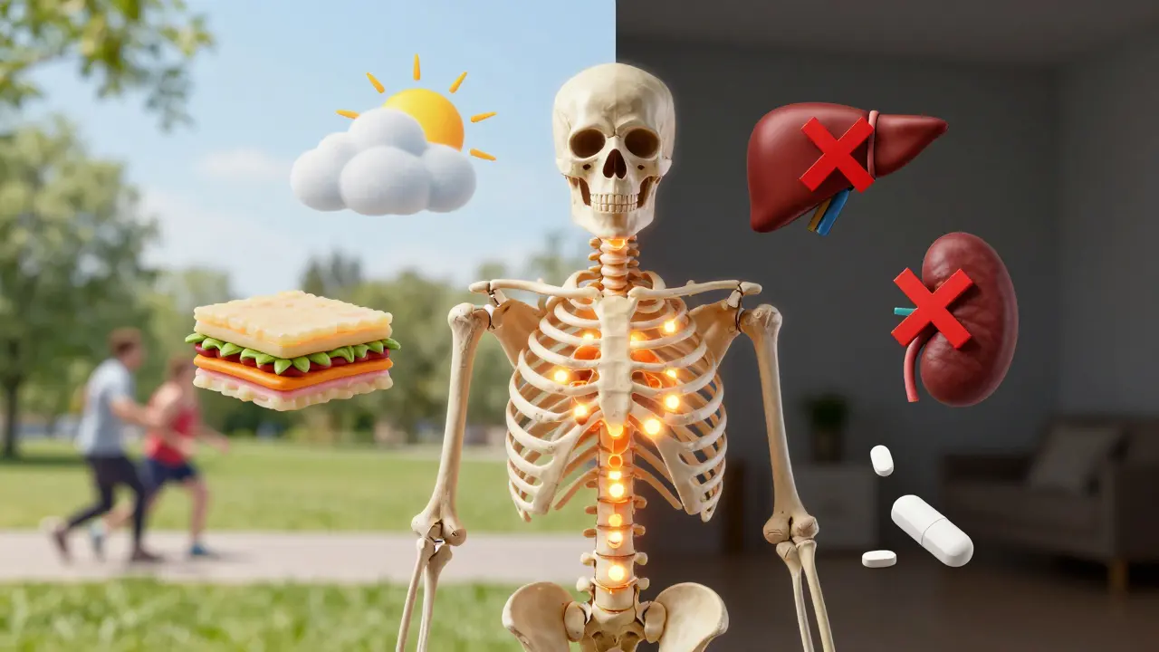 Kosterní obrázek s vitaminem D, který je blokován sluncem, tukem a nemocemi, zatímco jedna strana je osvětlená venkovní aktivitou.