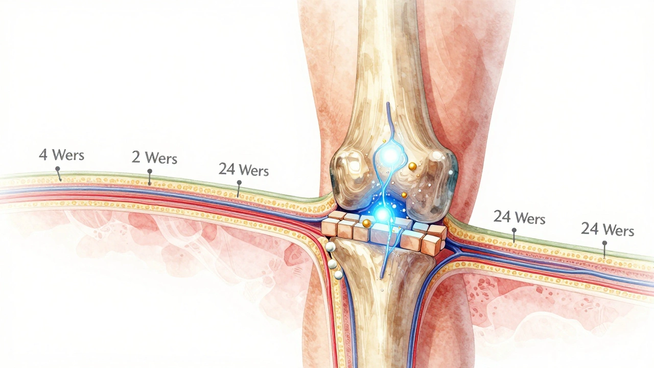 Křížový řez kloubu, kde kolagenové peptidy obnovují chrupavku jako cihličky.