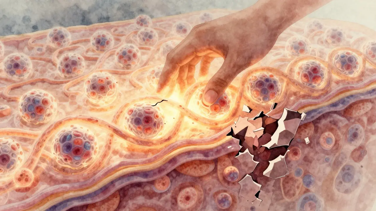 Kůžní buňka s aktivními trojitými šroubovicemi kolagenu, které stimulují fibroblasty