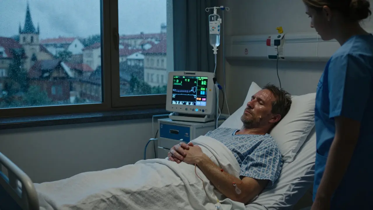 Muž v nemocniční lůžce s příznaky odstavovacího syndromu, s monitorováním životních funkcí a deštivým městem venku.