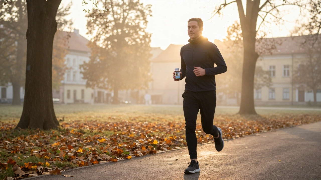 Osoba běží v parku v záři ranního slunce, drží láhev multivitamínu.