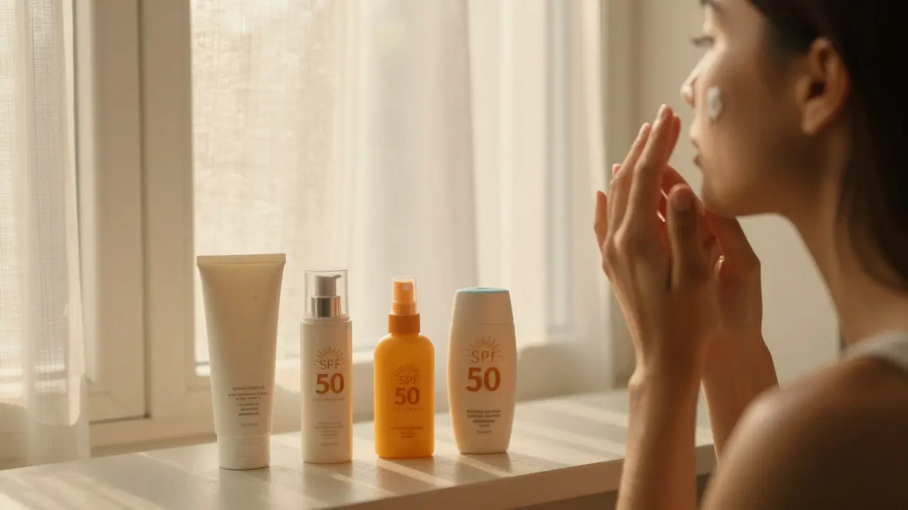 Osoba nanáší denní krém se SPF večer u okna s jemným světlem.