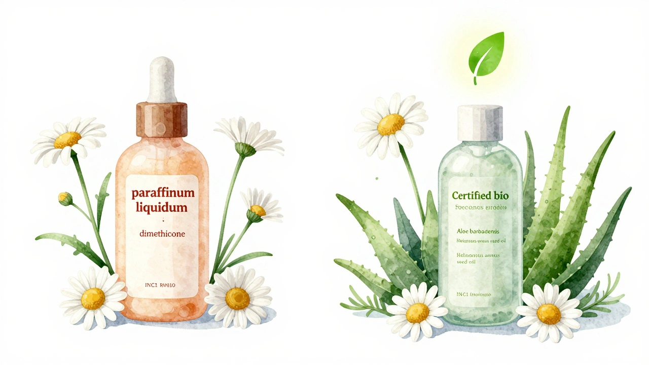 Porovnání běžné a bio kosmetiky: syntetické látky v červené a přírodní složky v zelené barvě.