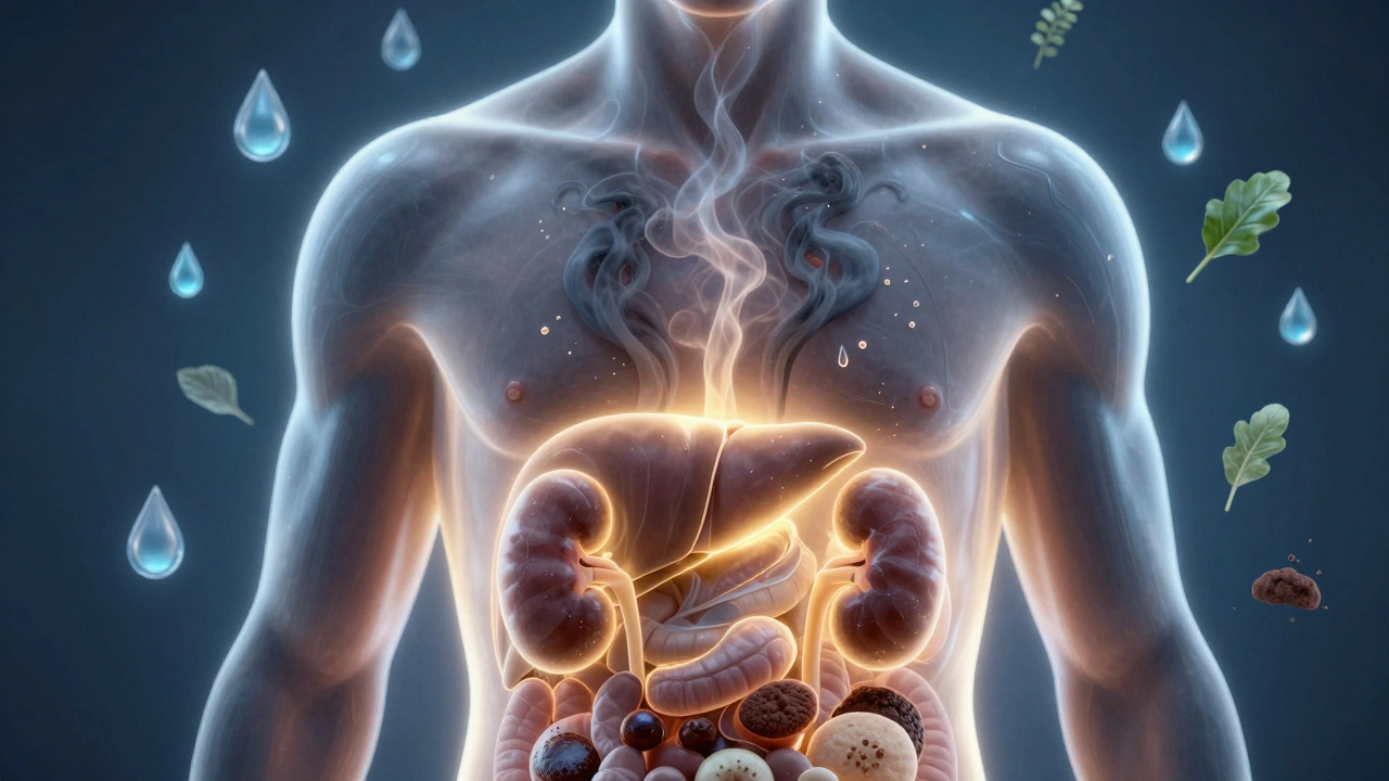 Přehled lidského těla s viditelnými játry a ledvinami, které uvolňují toxiny skrz kůži, stolec a dech.