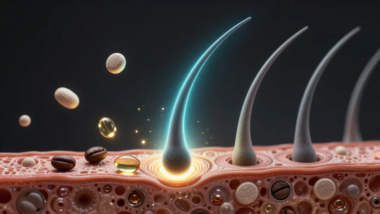 Příčný řez vlasovým folikulem s živinami a molekulami podporujícími růst vlasů.