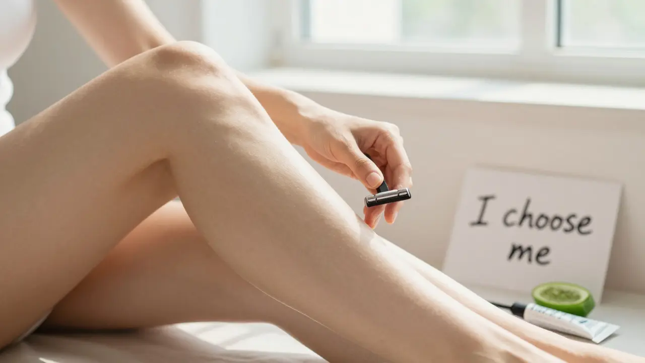 Přírodní chloupky na noze v teplém světle s krémem a listem 'I choose me'.