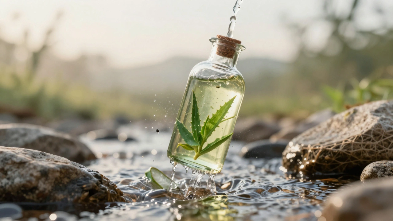 Průhledná láhev s rostlinnými extrakty nad čistým potokem, syntetické látky se rozptýlí jako kouř.