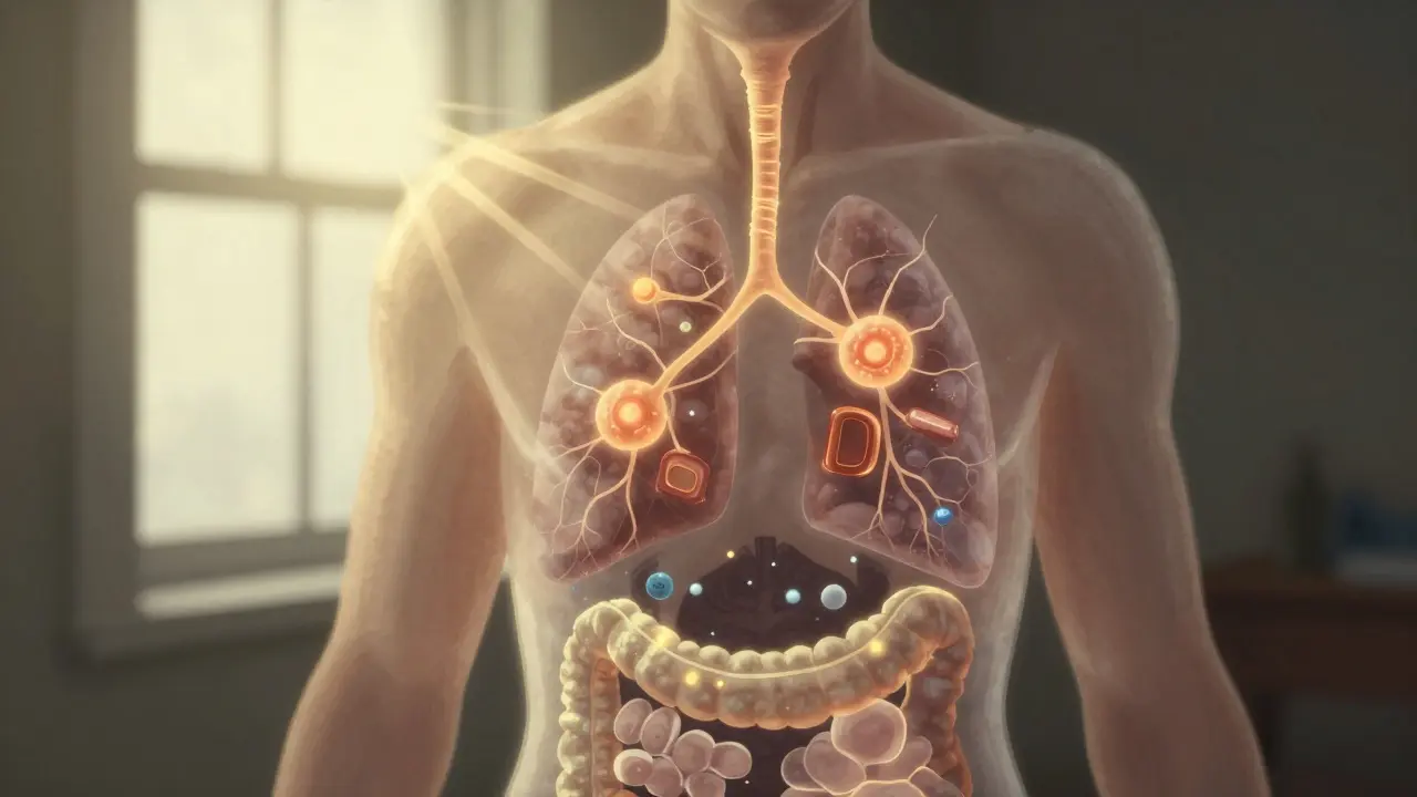 Průhledný lidský tělo s osvětlenými imunitními buňkami a vitamínovými částicemi v plicích a střevech.