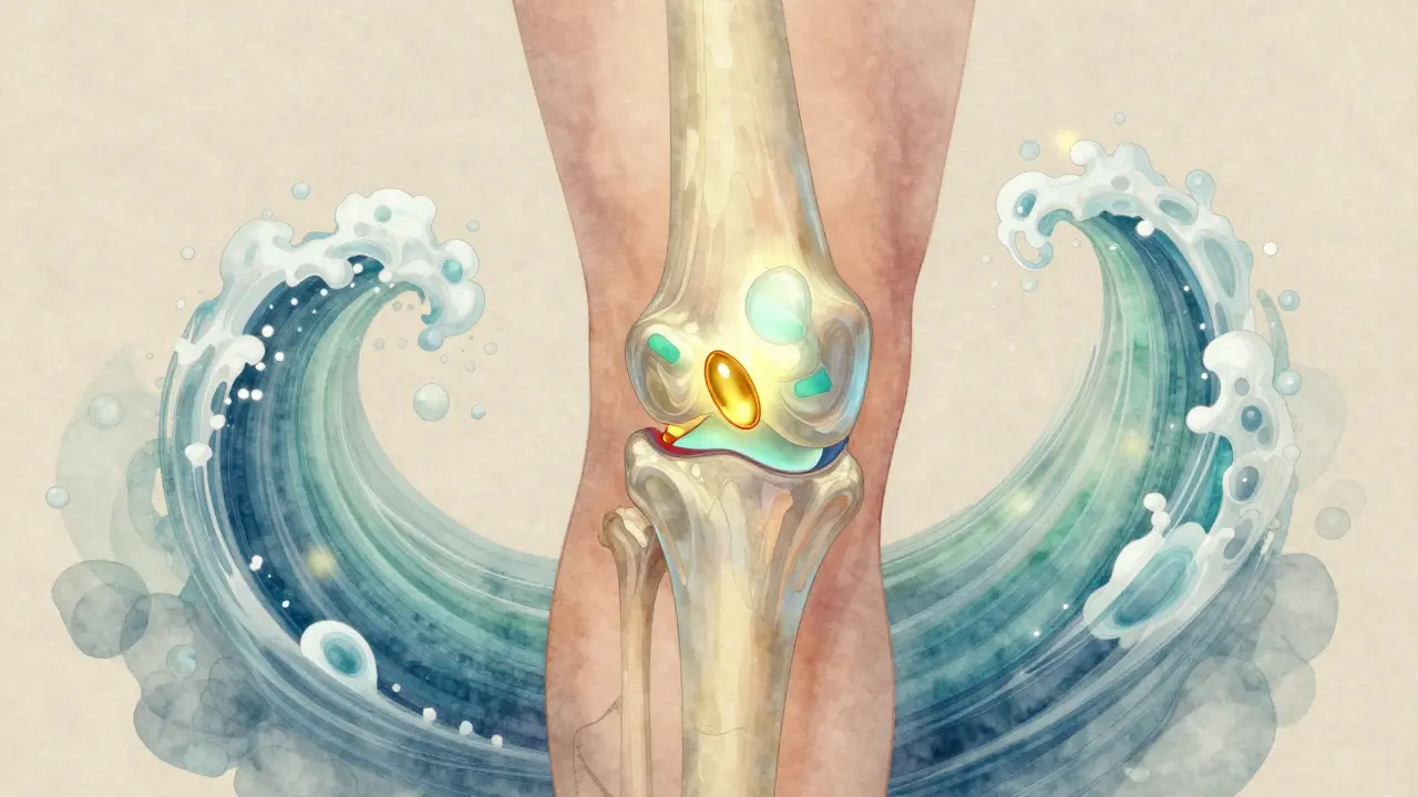 Průřez kloubu s regenerující chrupavkou a protizánětlivými vlnami v barvách modré a zelené.