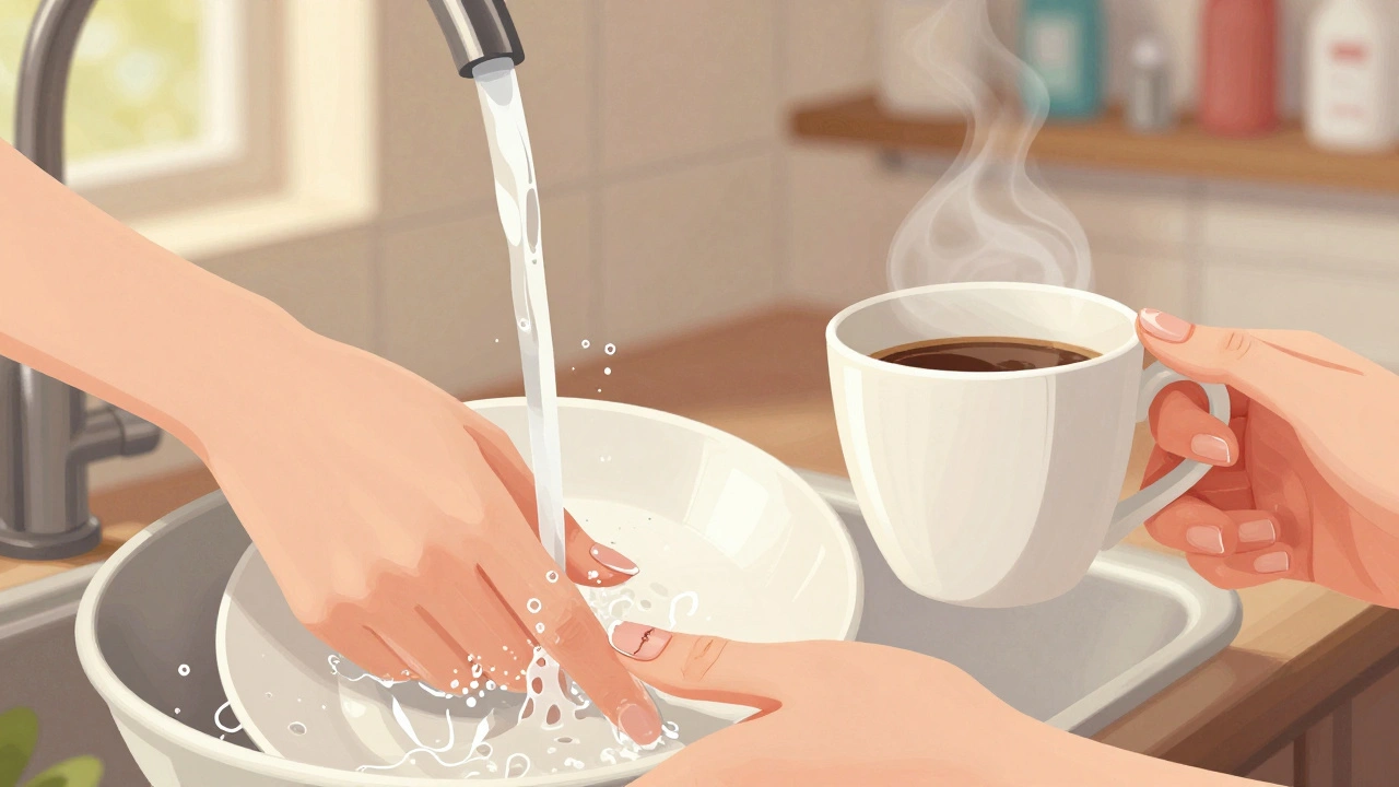 Ruce při mytí nádobí s jedním mírně odlepujícím se press-on nehtem.