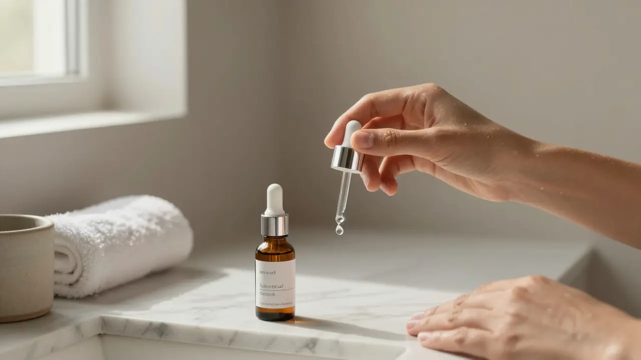 Ruka aplikující lehký hydratační krém na čistou pleť s kosmetikou na pozadí.