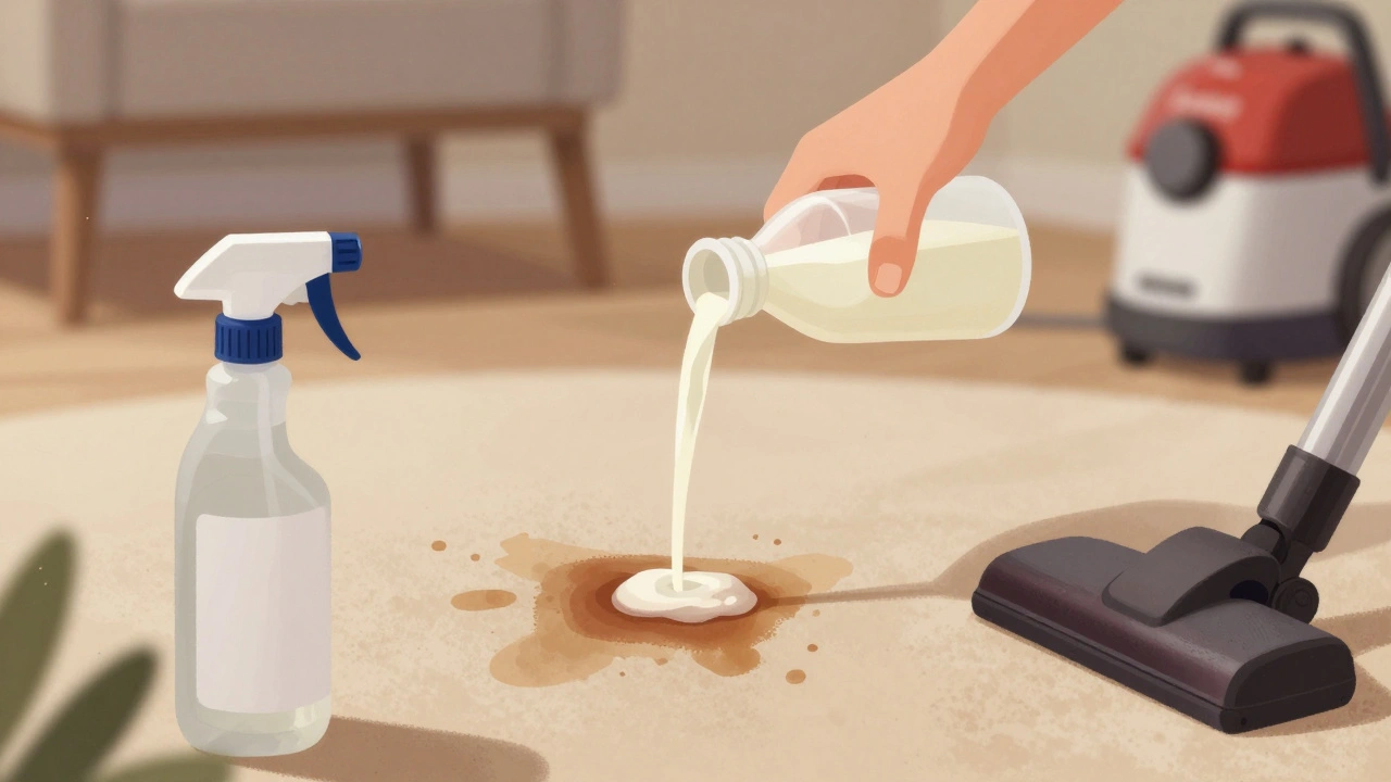 Ruka aplikující ocet na skvrnu od vína na kobereci s vysavačem v pozadí.