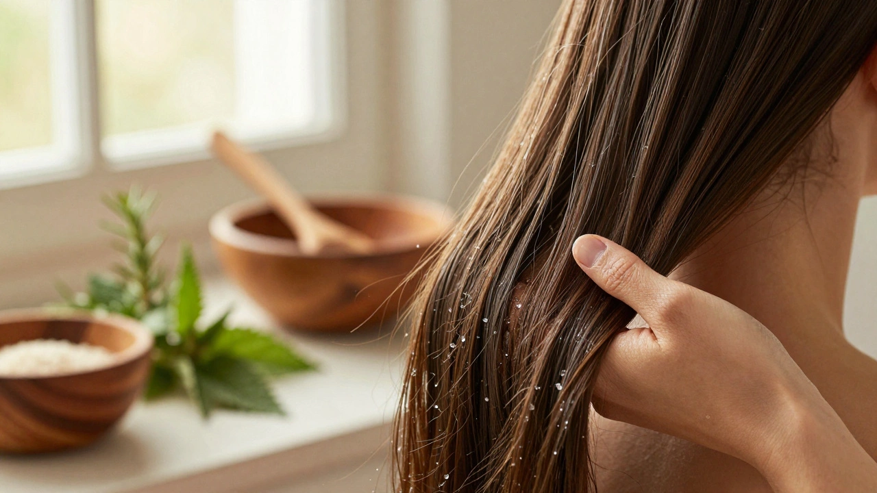 Ruka prochází přirozeně lesklymi vlasy, s drobnými částečkami rýžového prášku ve vzduchu.