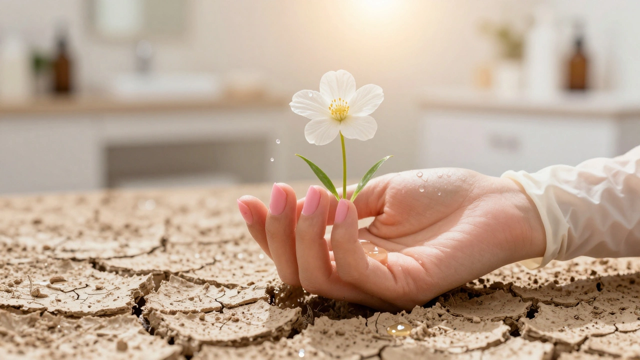 Ruka rostoucí z suché půdy s nehty jako květy, symbolizující obnovu.