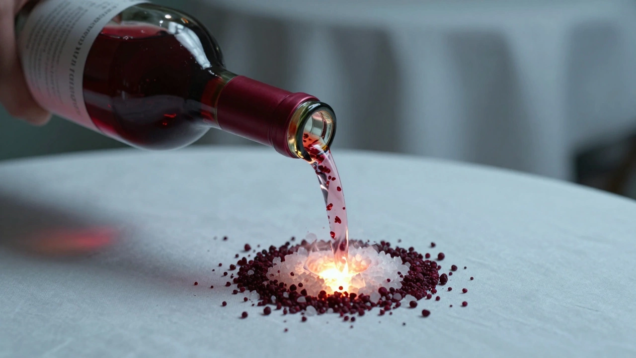 Surreální scéna s vínom, solí a octem vytvářejícími světelný vír nad textilií.