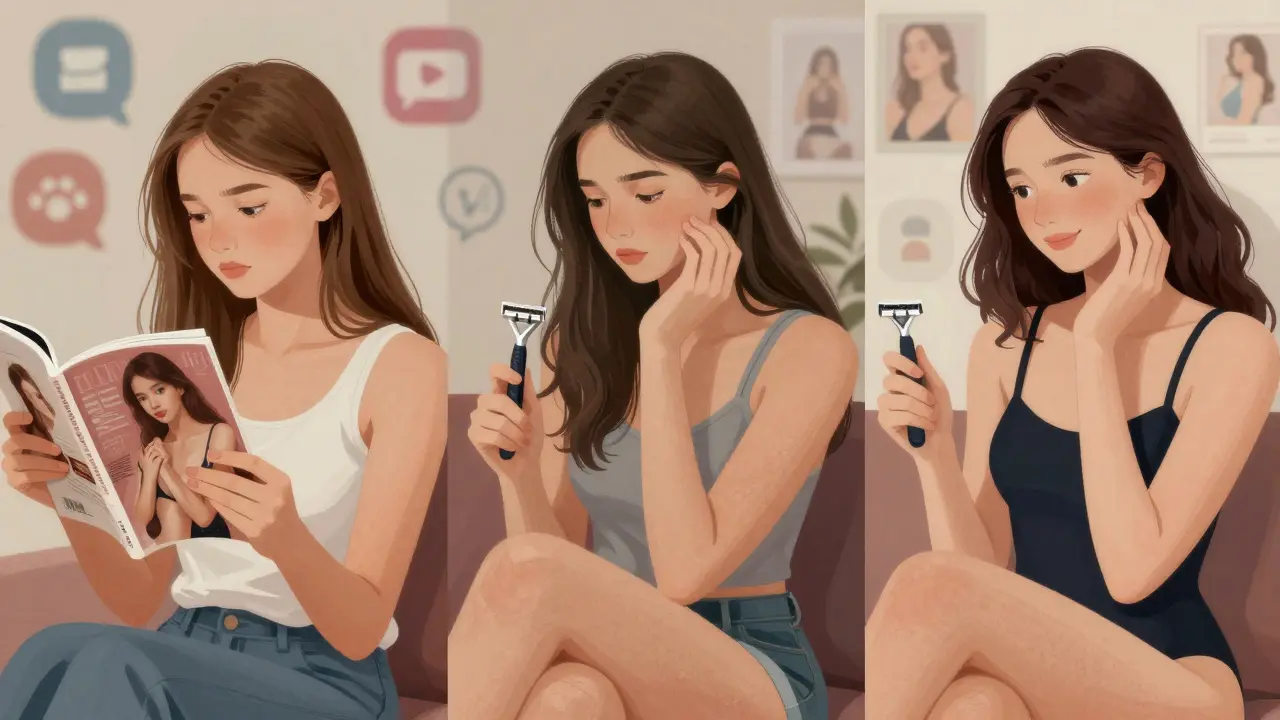 Tři dívky různých věků přemýšlejí o rozhodnutí ohledně tělesného chloupkování.