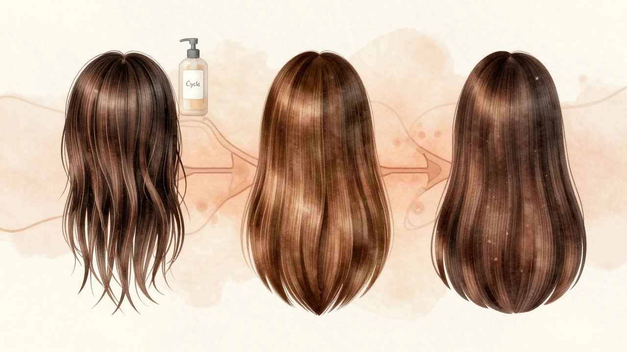 Tři fáze vývoje vlasů: mastné, vyvážené a přirozeně zdravé, znázorněné umělecky bez textu.