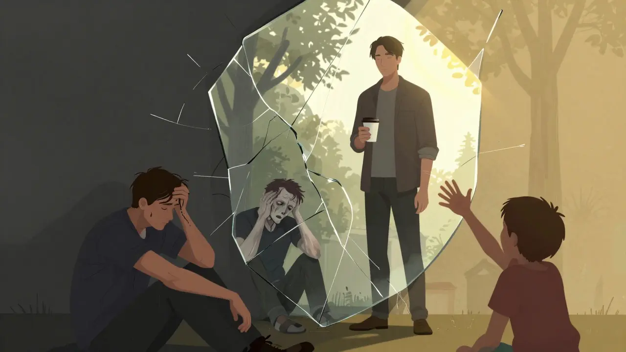 Tři podoby muže v zrcadle: závislý, zraněný a zotavující se, s teplým světlem a dítětem na pozadí.