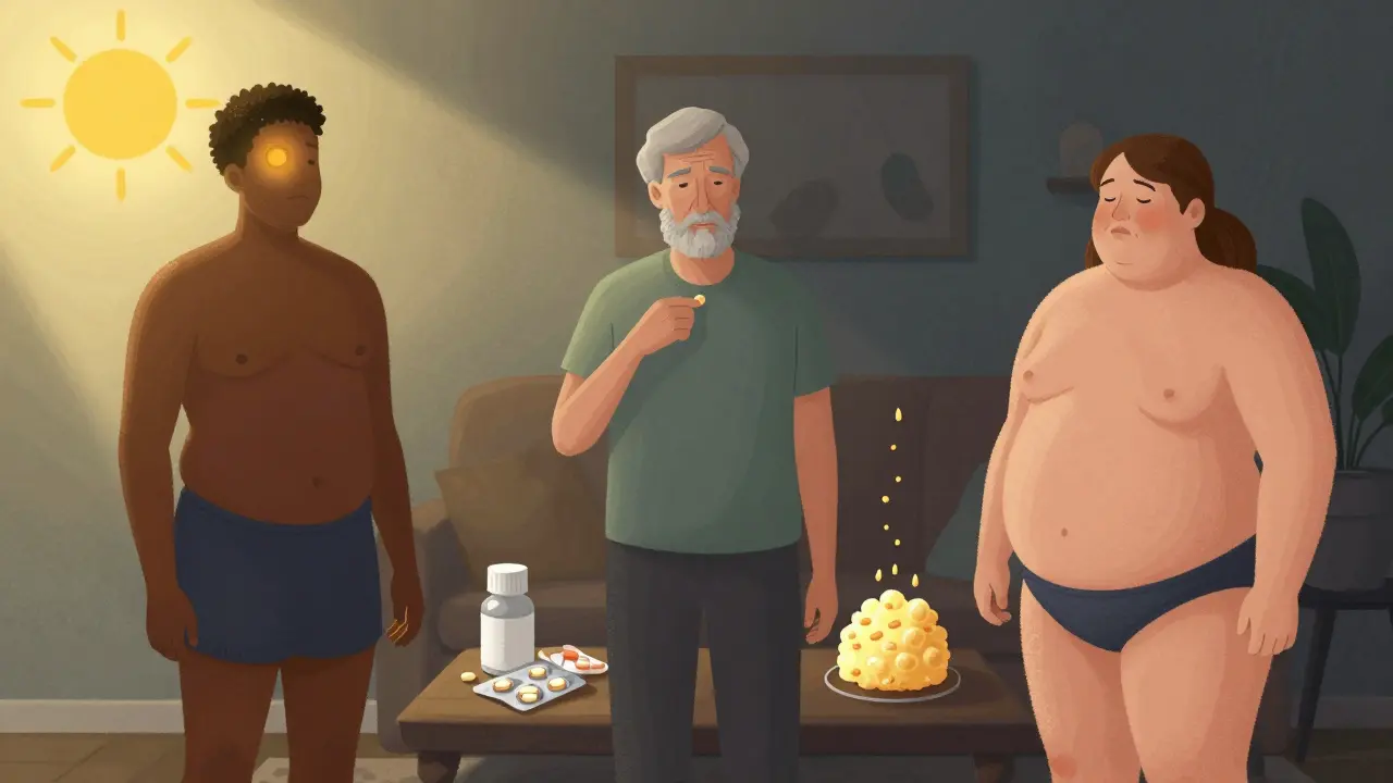 Tři různé osoby s různými příčinami nedostatku vitamínu D: tmavá kůže, stárnutí a tukové buňky blokující vitamin.