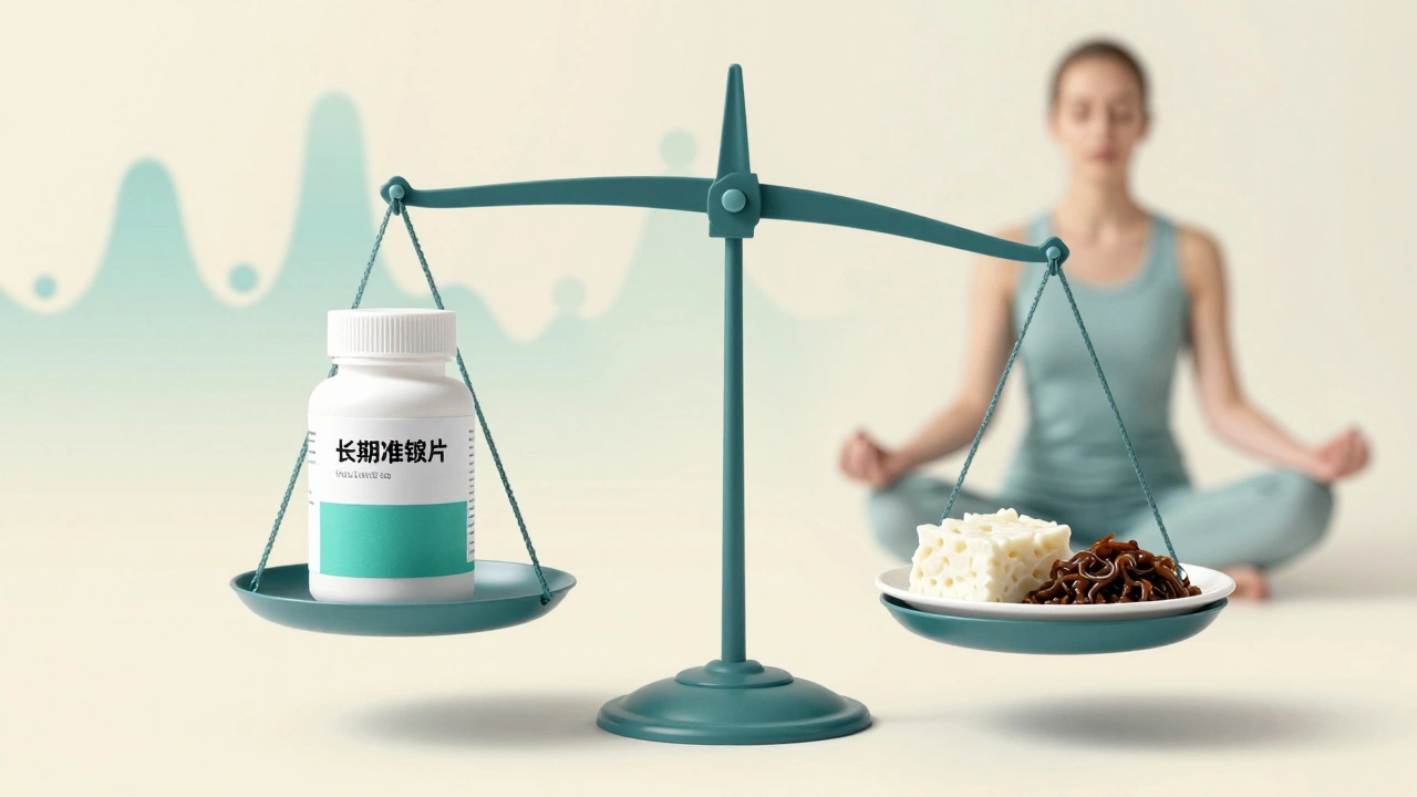 Váha s probiotiky a kvašenými potravinami vedle člověka v klidu, symbolizující rovnováhu střevního mikrobiomu.