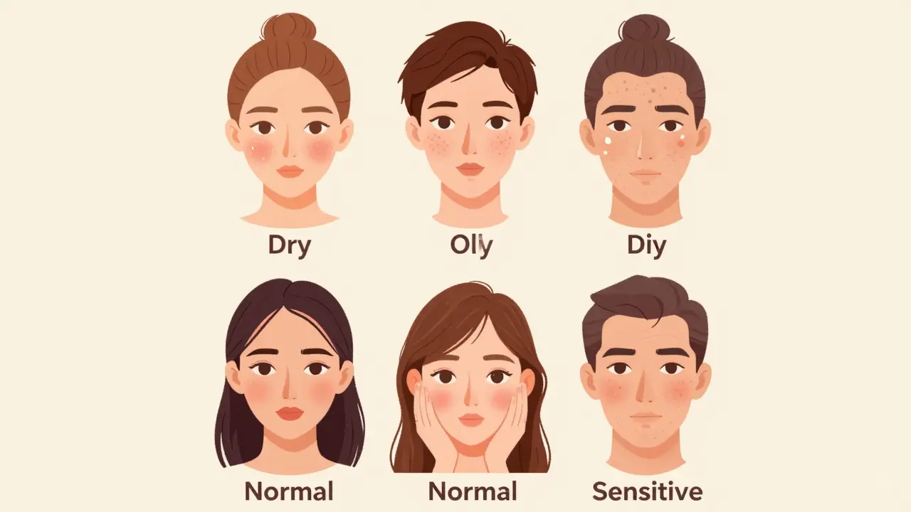 Vizuální přehled pěti typů pleti s charakteristickými vlastnostmi bez textu.