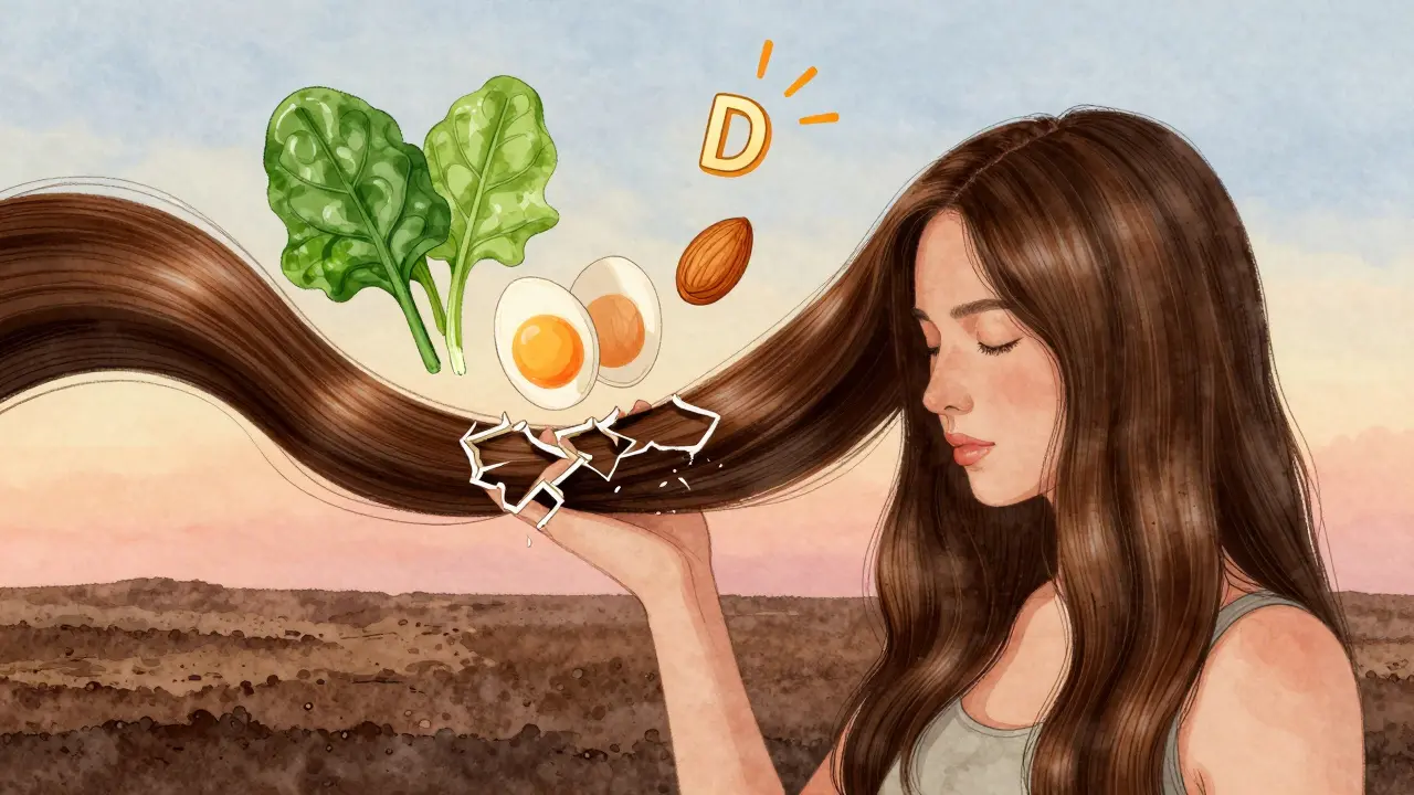 Vlasová vlákna se mění z poškozených na zdravá, doprovázena výživovými symboly.