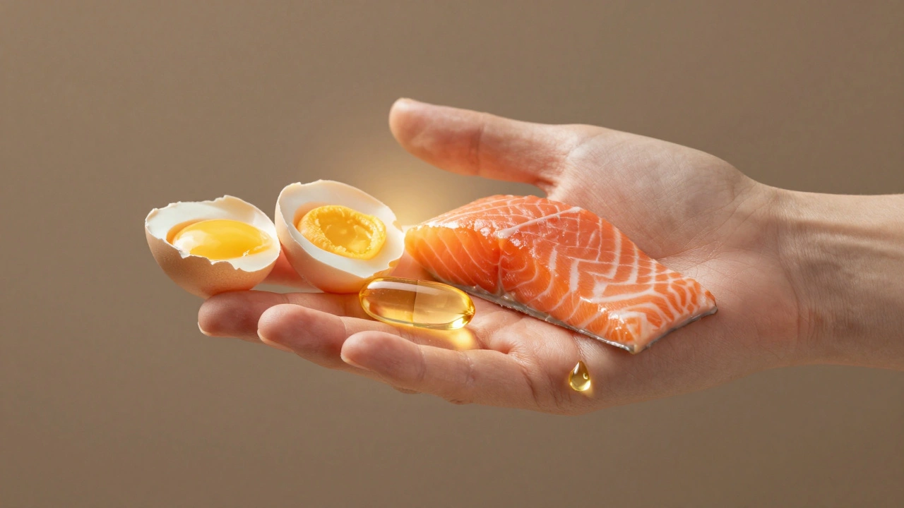 Zdravé nehty s překryvem výživových prvků jako vejce, losos a jojobový olej, symbolizující vnitřní výživu.