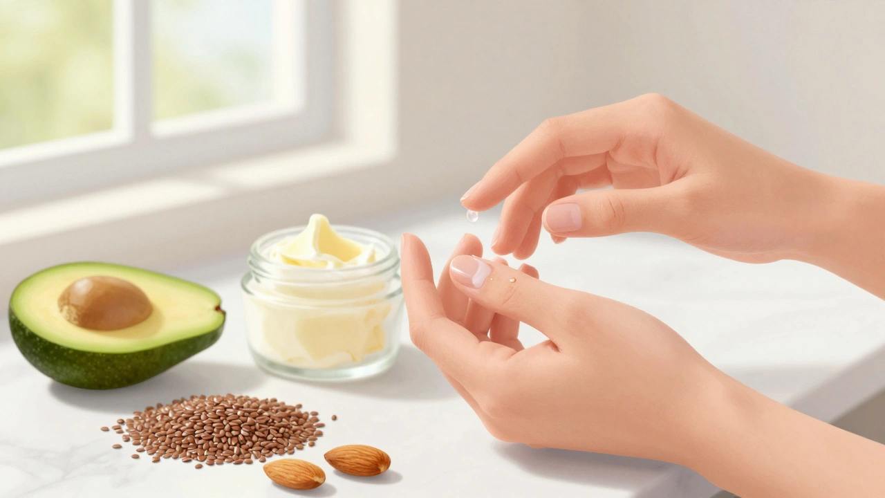 Žena aplikuje hydratační krém na nehty a kutikulu, kolem ní rostliny a potraviny pro zdravé nehty.